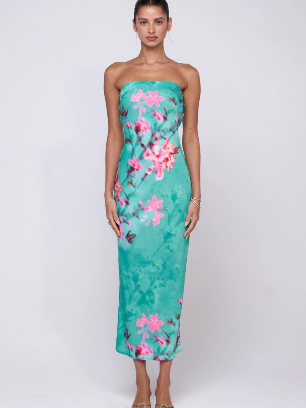RESA Strapless Turquoise Floral Long Dress with Pink Accents